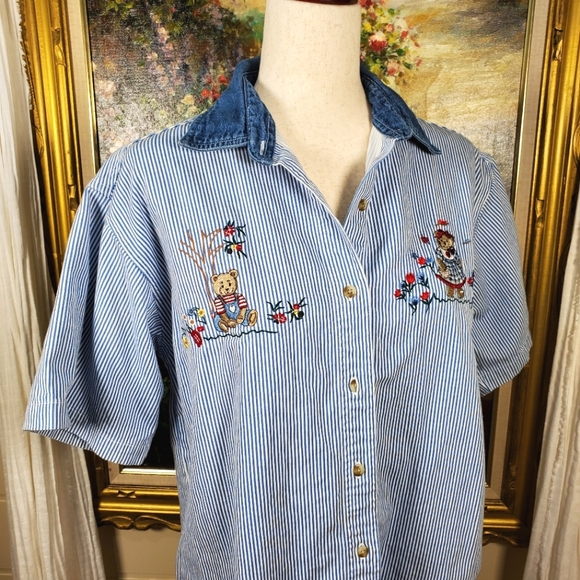 Gilet Sans Manches Denim Bobbie Brooks - Patchwork Brodé - Cottagecore - Femme Taille L